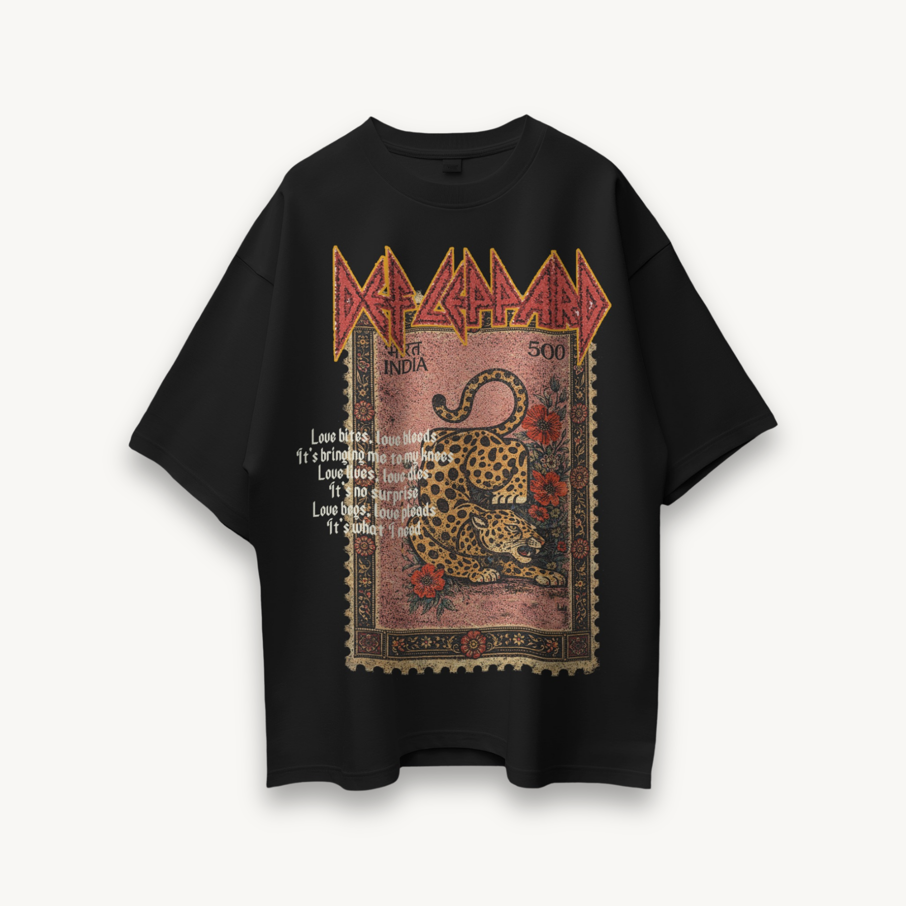 Def Leppard Vintage Stamp Leopard India '26 Black Oversized Tee