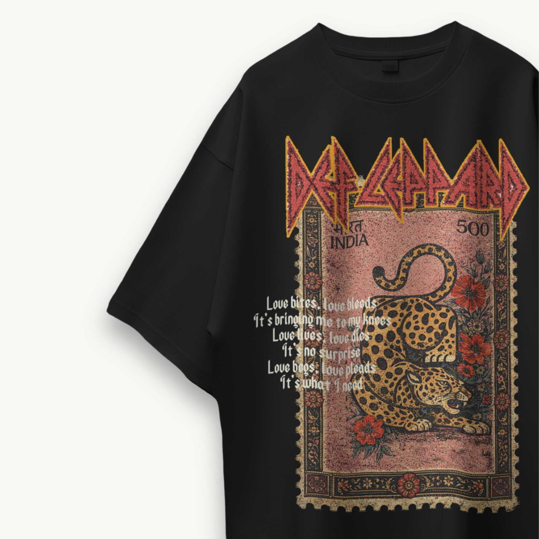 Def Leppard Vintage Stamp Leopard India '26 Black Oversized Tee