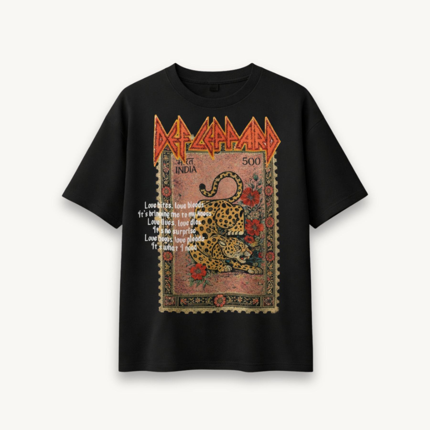 Def Leppard Vintage Stamp Leopard India '26 Black Relaxed Tee