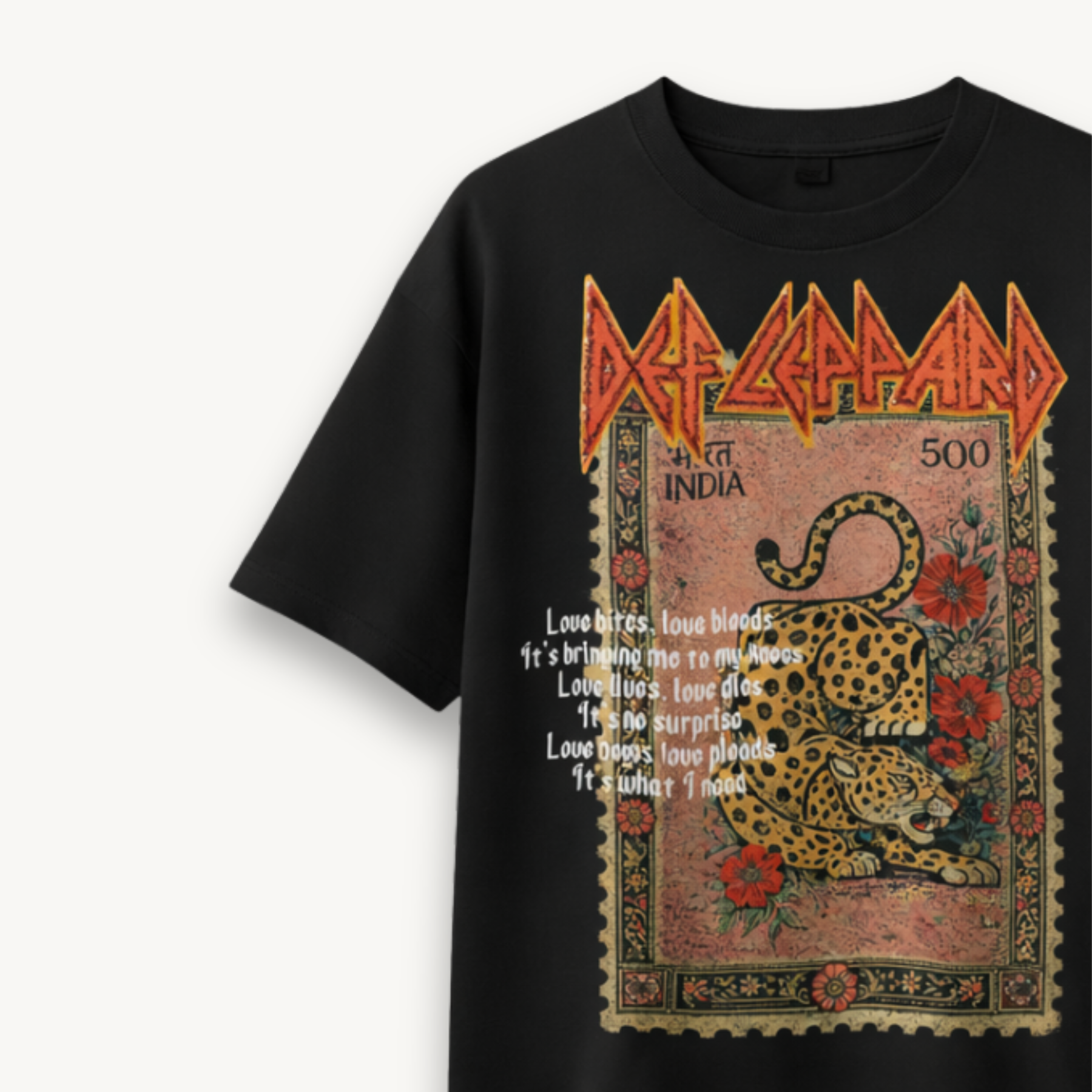Def Leppard Vintage Stamp Leopard India '26 Black Relaxed Tee