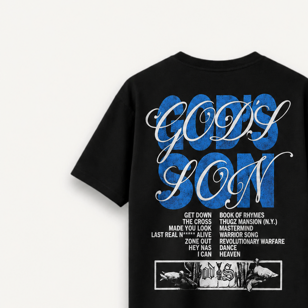 Nas God’s Son Black Relaxed Tee back close-up