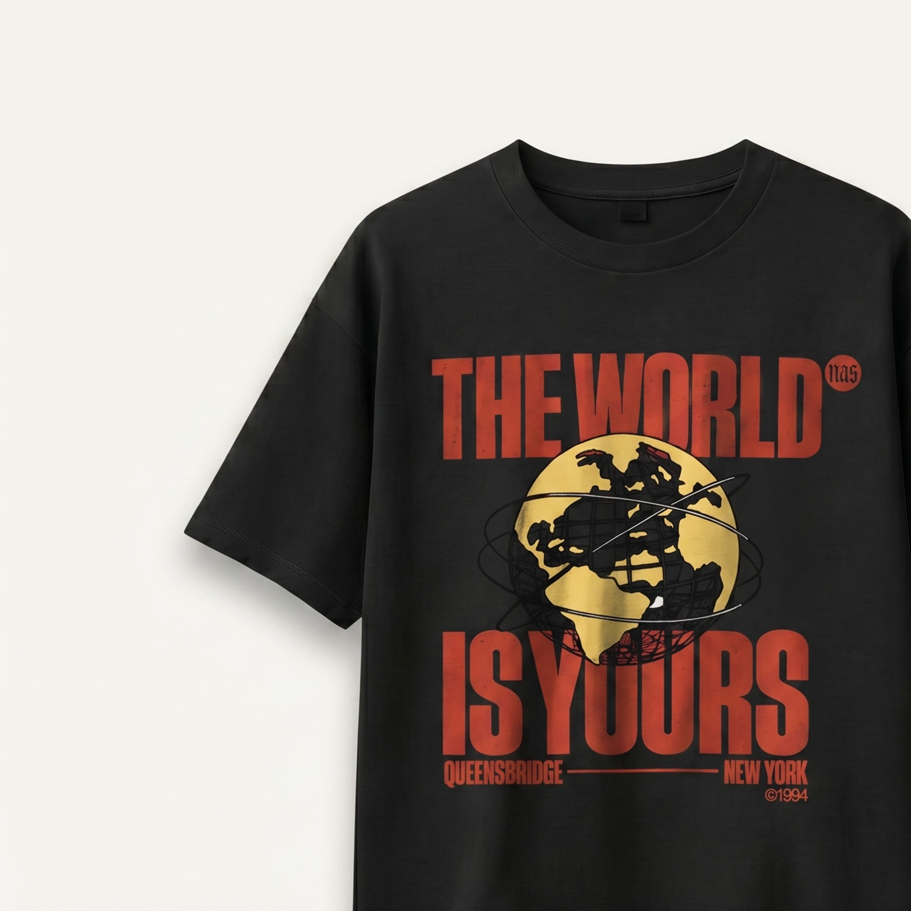 Nas The World Is Yours Black Relaxed Tee front close-up