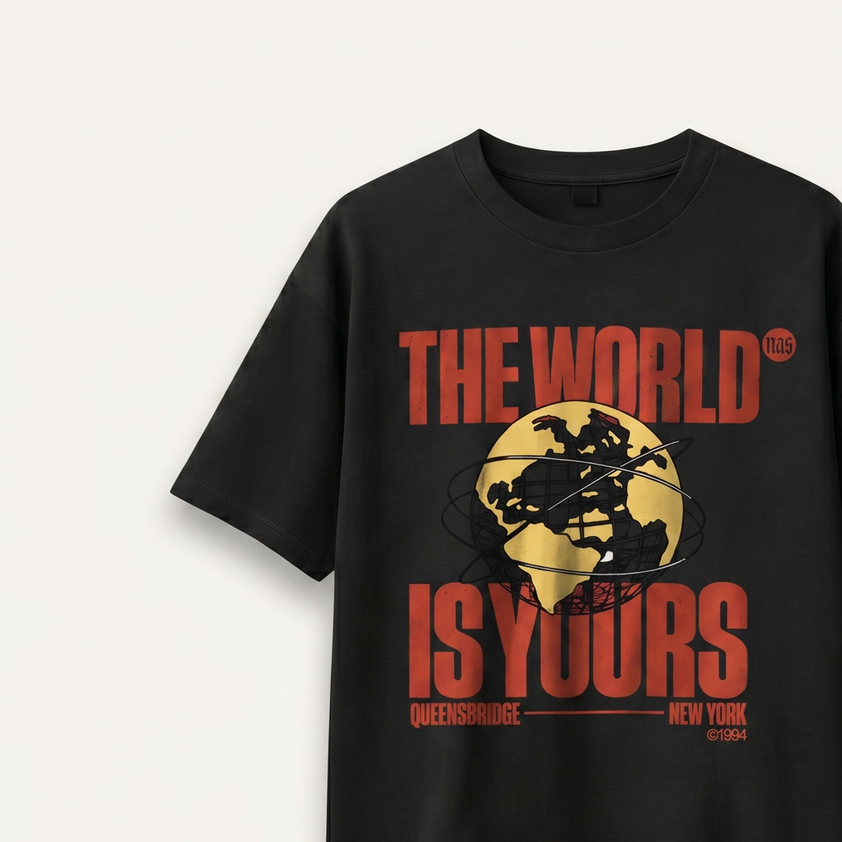 Nas The World Is Yours Black Relaxed Tee front close-up