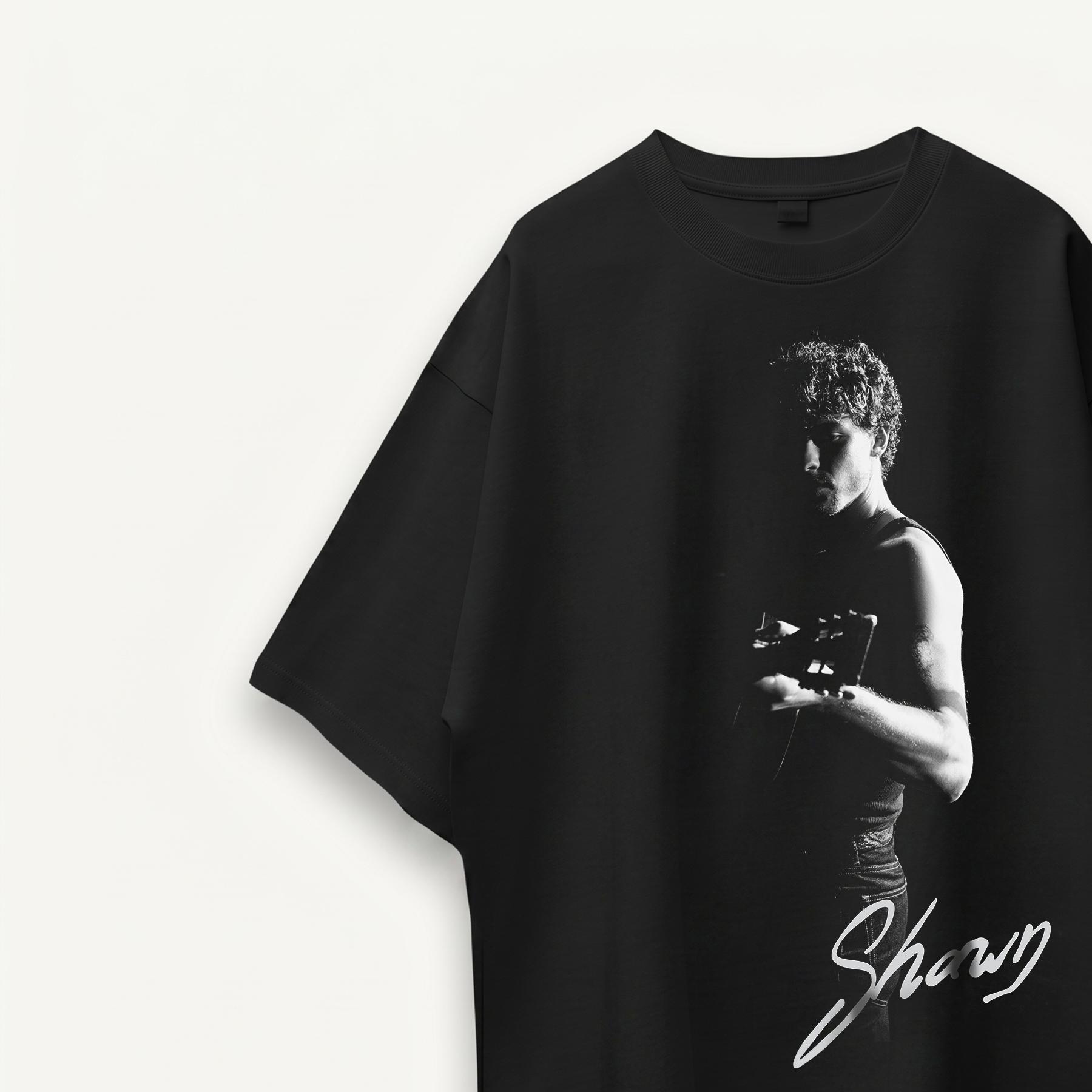 Shawn Mendes Signature Portrait Black Oversized Tee close-up