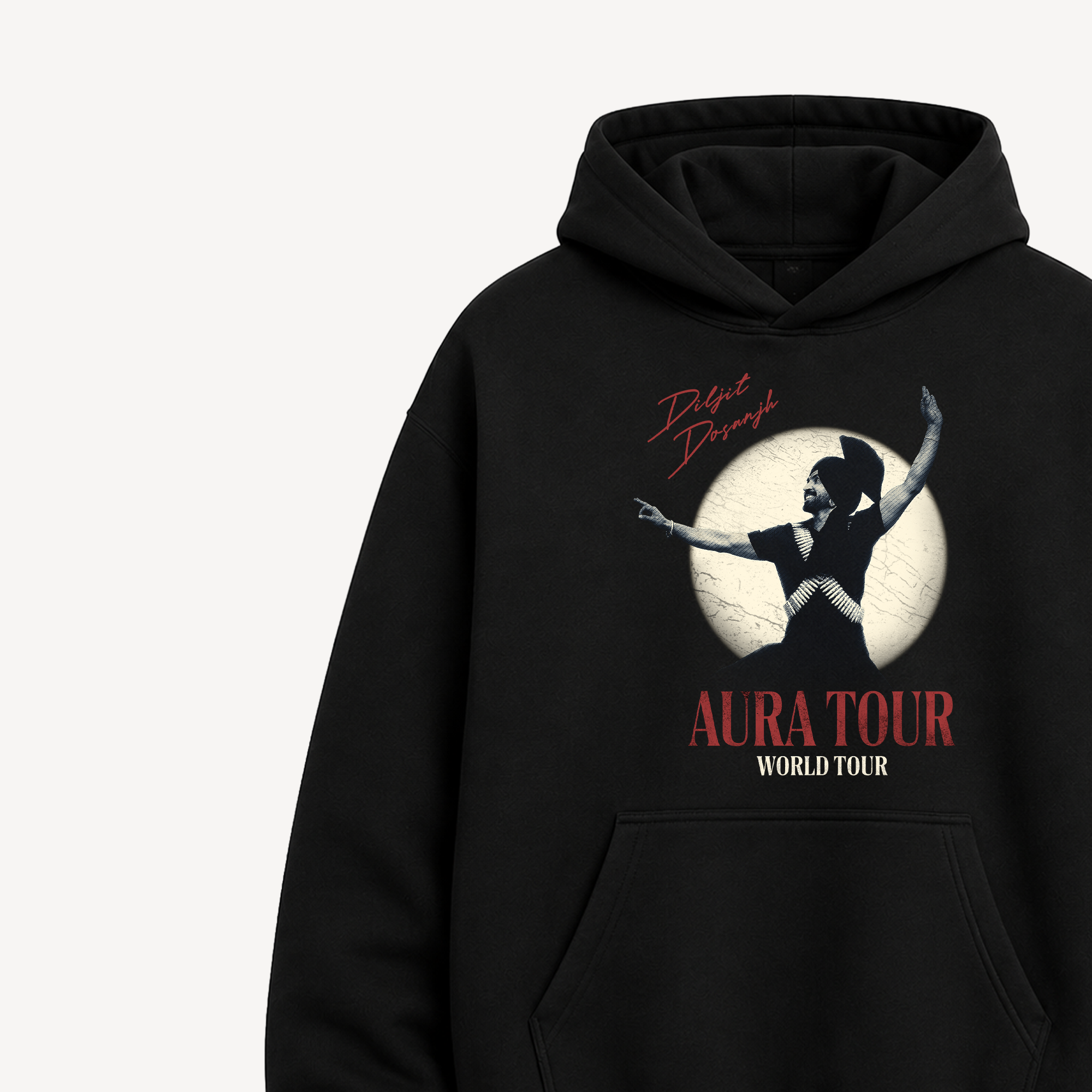 Diljit Dosanjh Aura Tour Spotlight Black Hoodie close-up