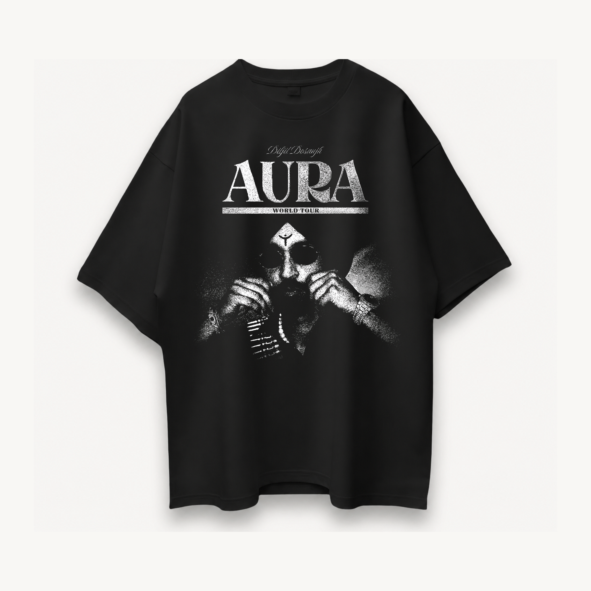 Diljit Dosanjh Aura World Tour Black Oversized Tee front