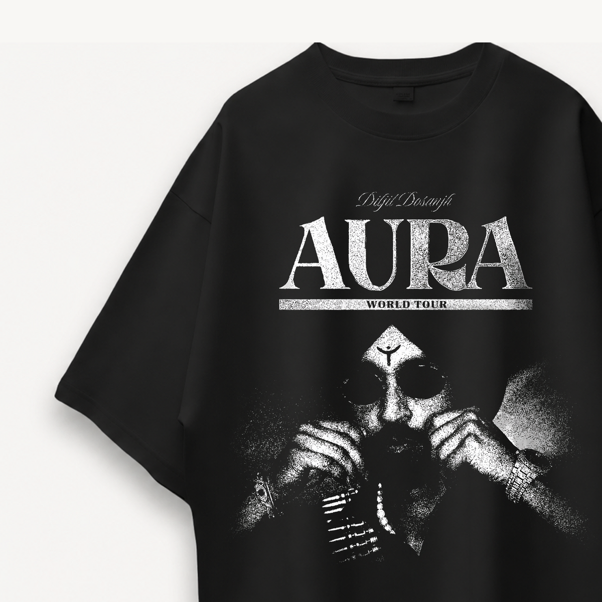 Diljit Dosanjh Aura World Tour Black Oversized Tee close-up