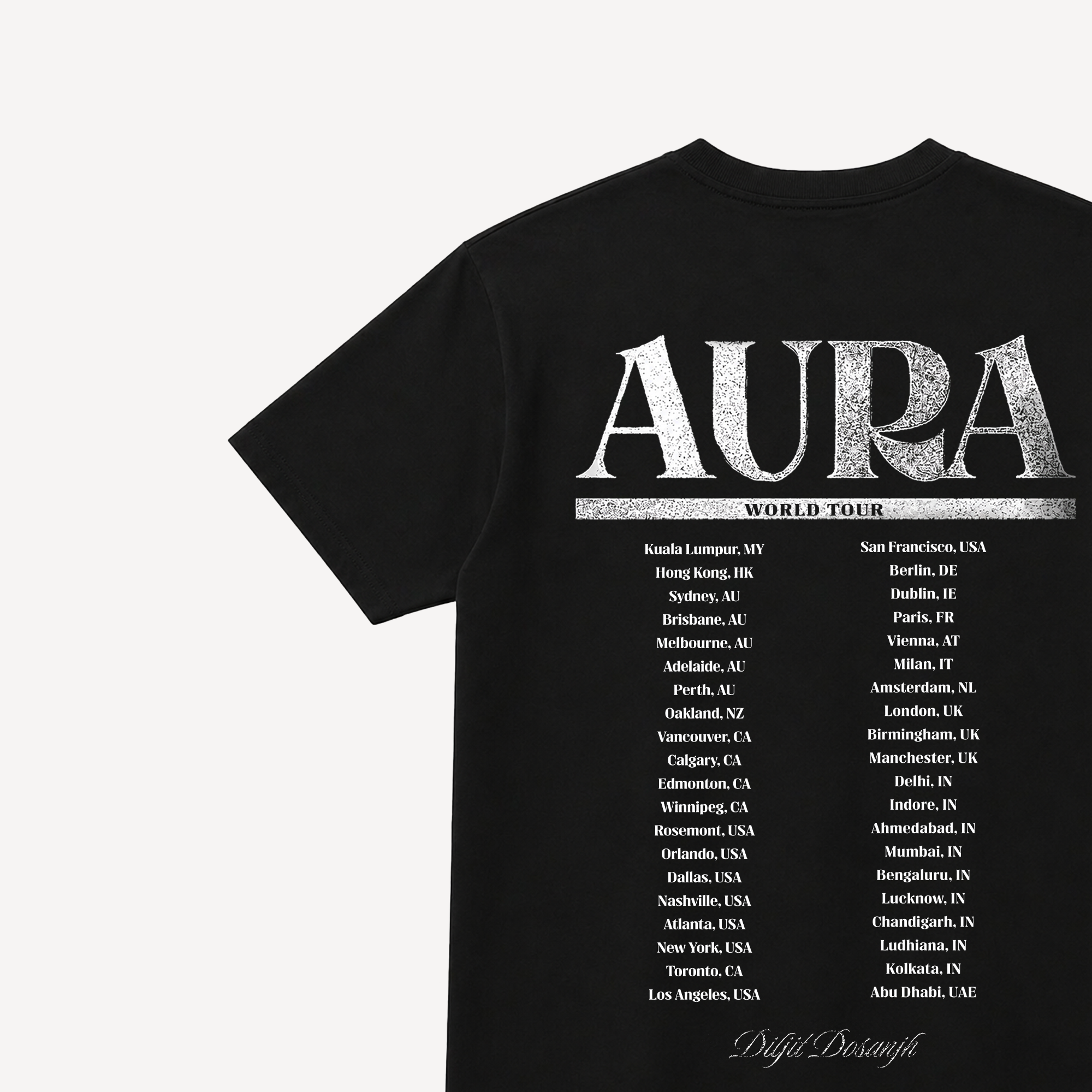 Diljit Dosanjh Aura World Tour Black Regular Tee back close-up