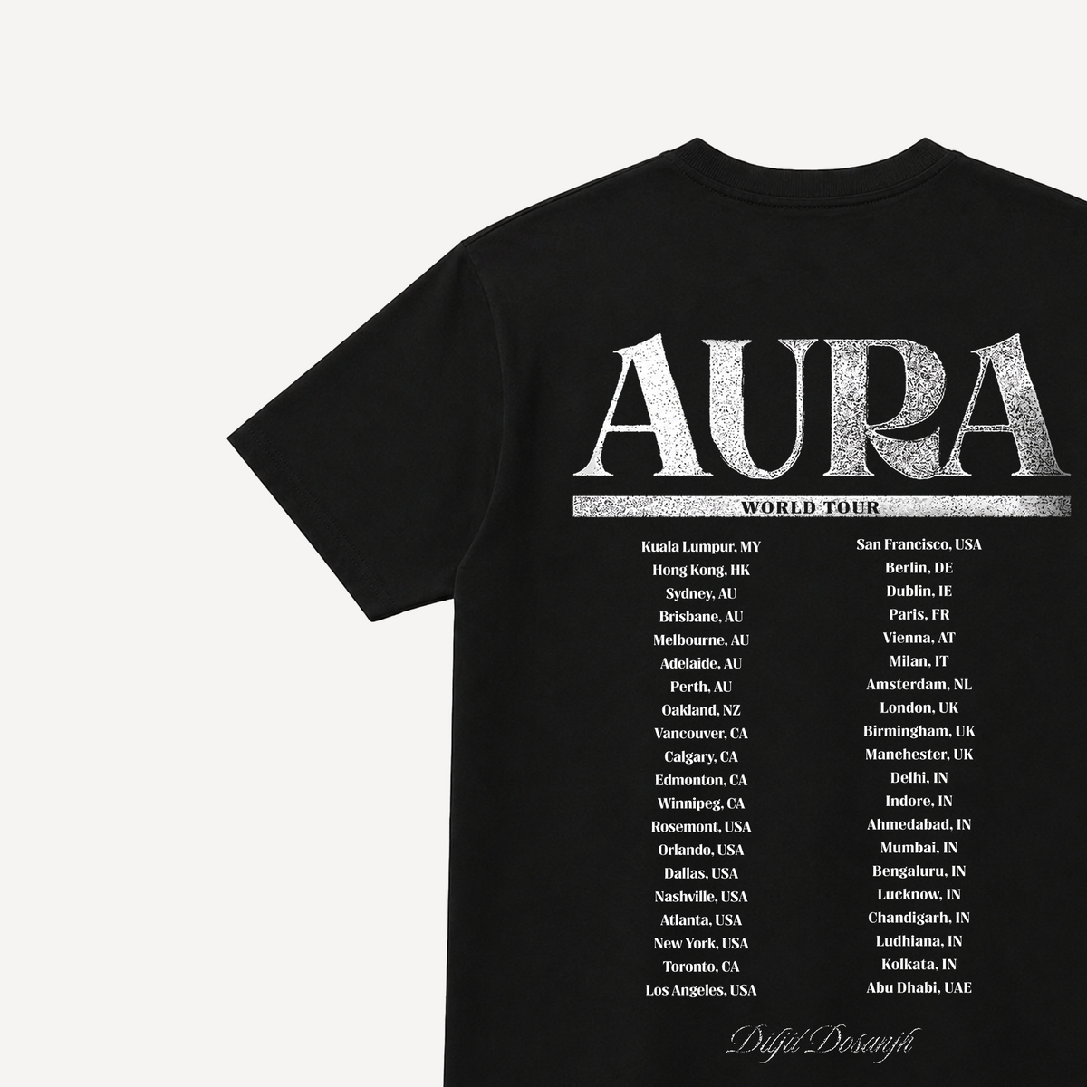 Diljit Dosanjh Aura World Tour Black Regular Tee back close-up