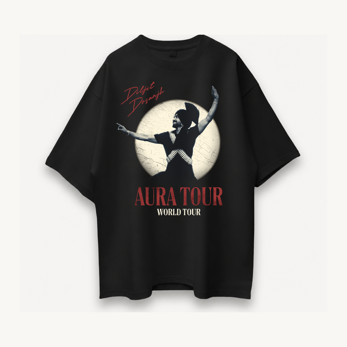 Diljit Dosanjh Aura Tour Spotlight Black Oversized Tee front