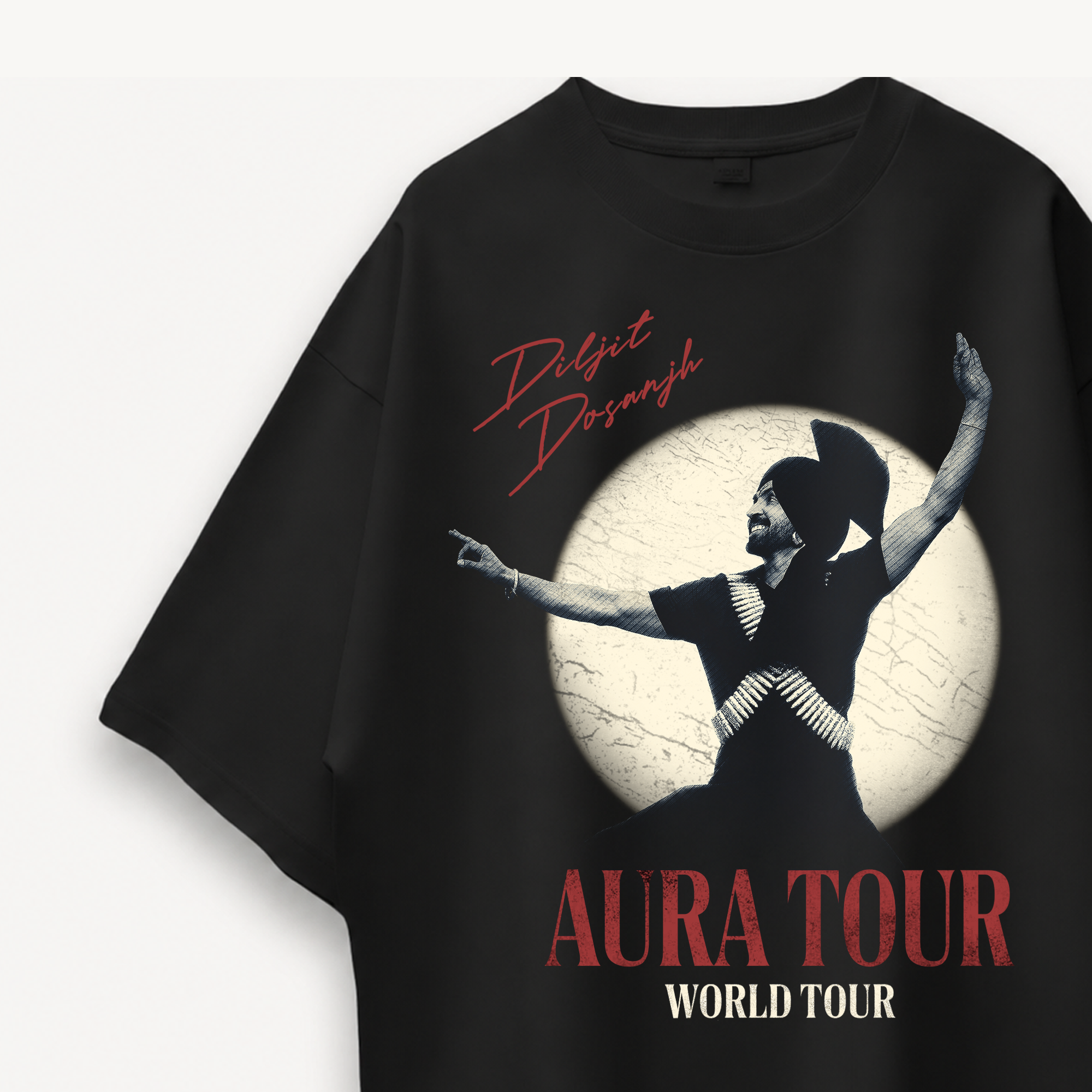 Diljit Dosanjh Aura Tour Spotlight Black Oversized Tee close-up