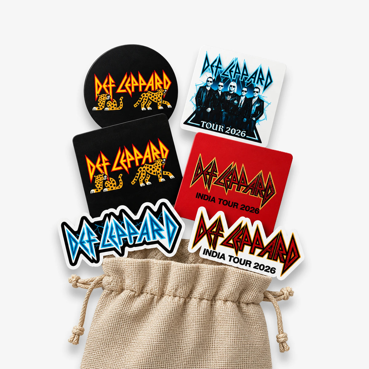 Def Leppard India Tour '26 Goodie Bag with stickers, magnets and coasters