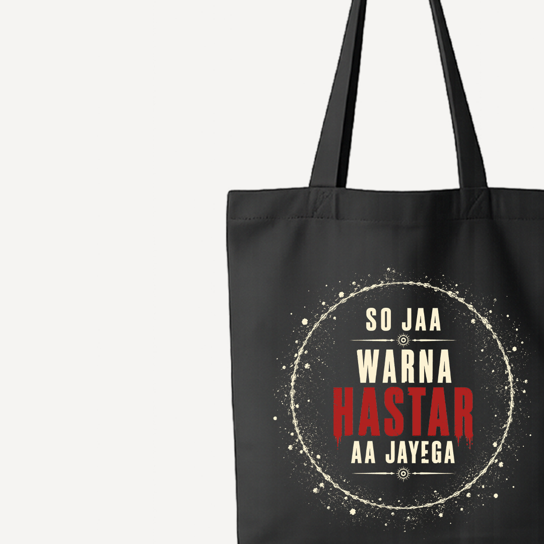 Tumbbad So Ja Warna Hastar Aa Jayega Black Tote Bag close-up
