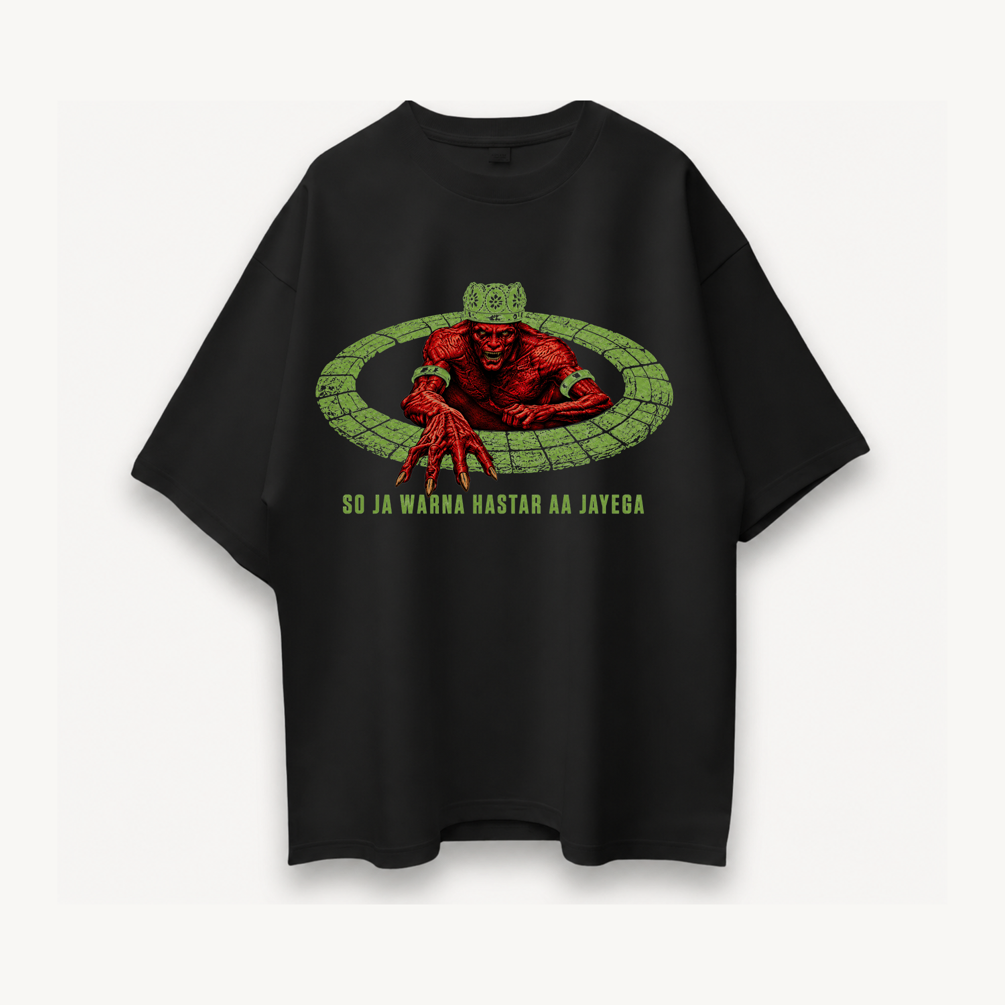 Tumbbad Hastar Rising Glow In The Dark Black Oversized Tee front