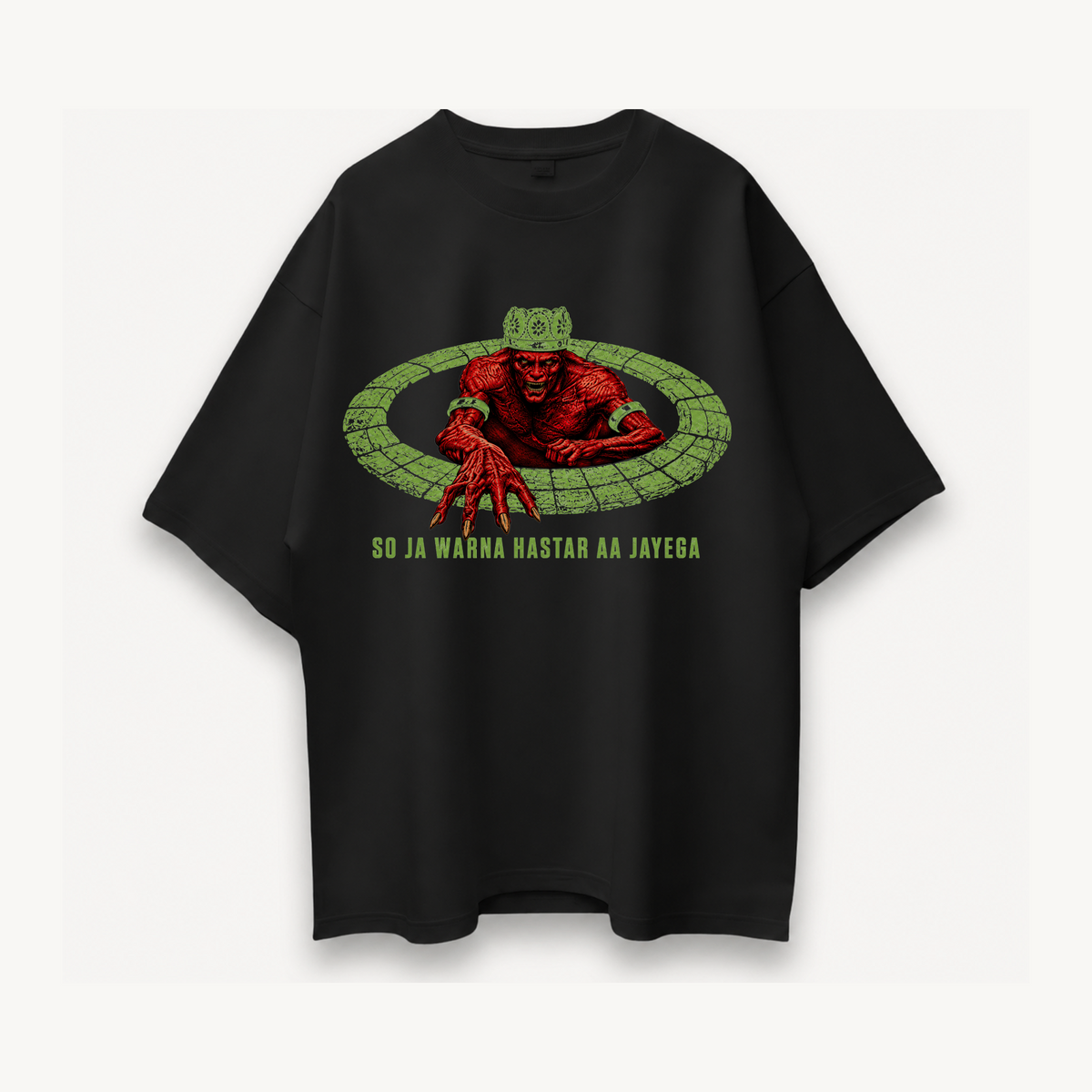 Tumbbad Hastar Rising Glow In The Dark Black Oversized Tee front