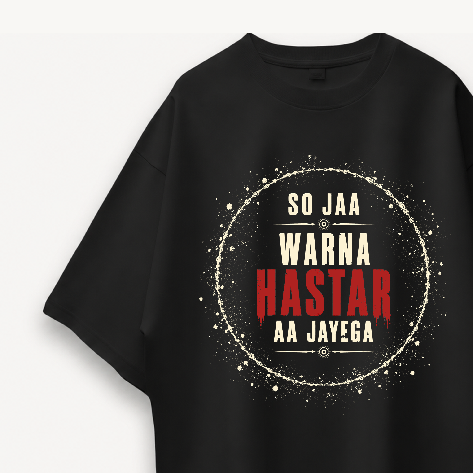 Tumbbad Blood Red Hastar Black Oversized Tee close-up