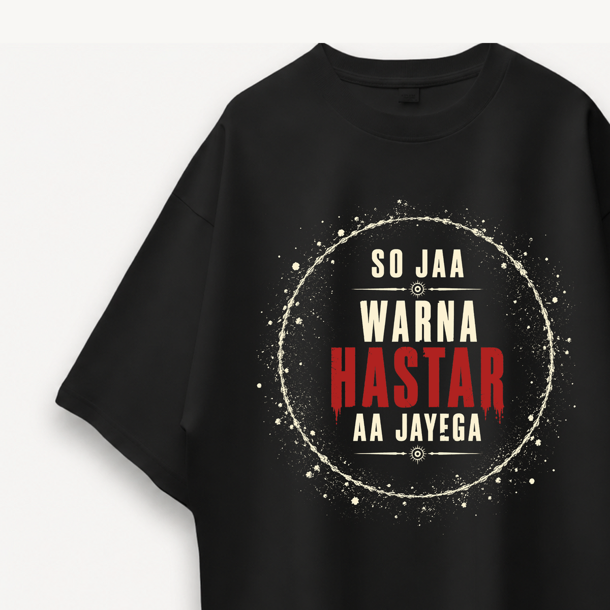Tumbbad Blood Red Hastar Black Oversized Tee close-up