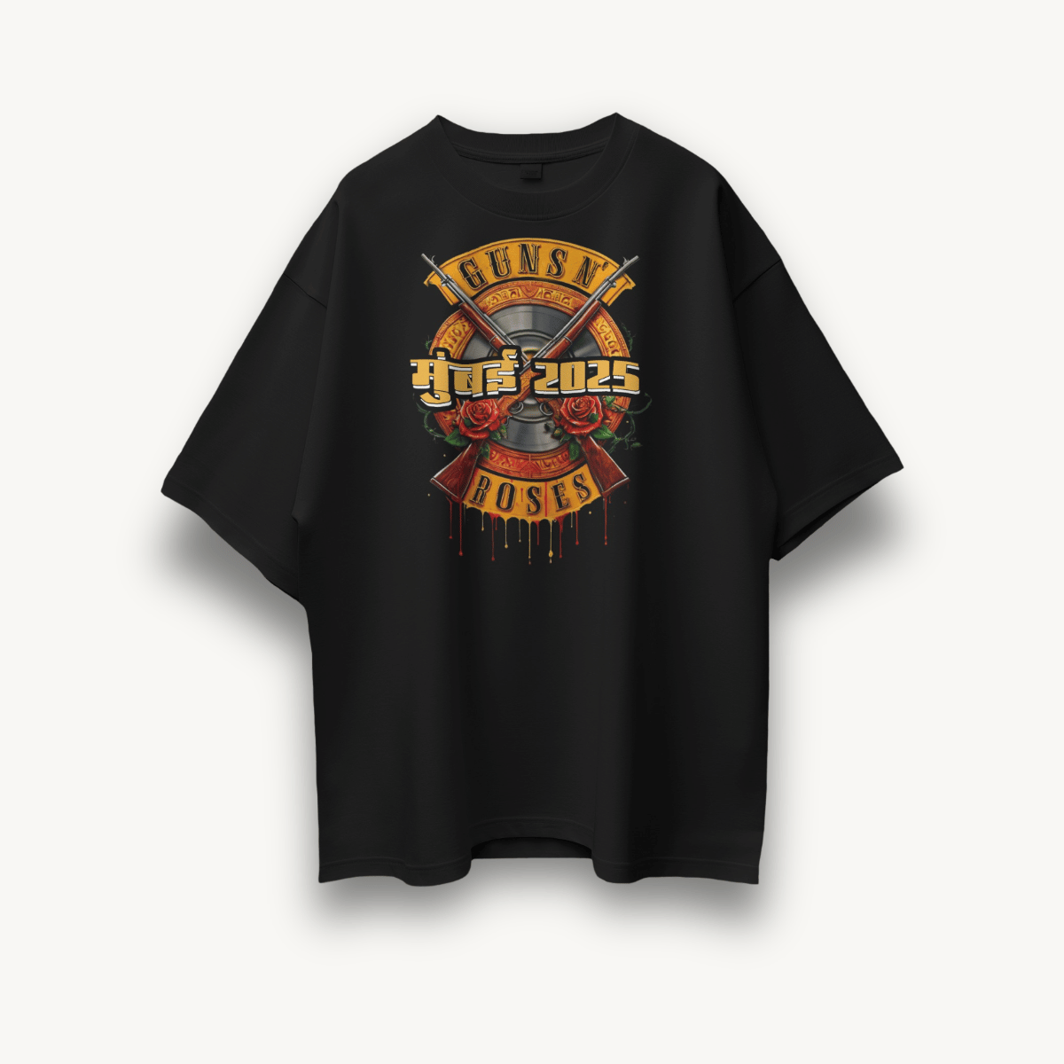 Guns N' Roses Mumbai '25 Logo Black Oversized Tee - The Noise Culture