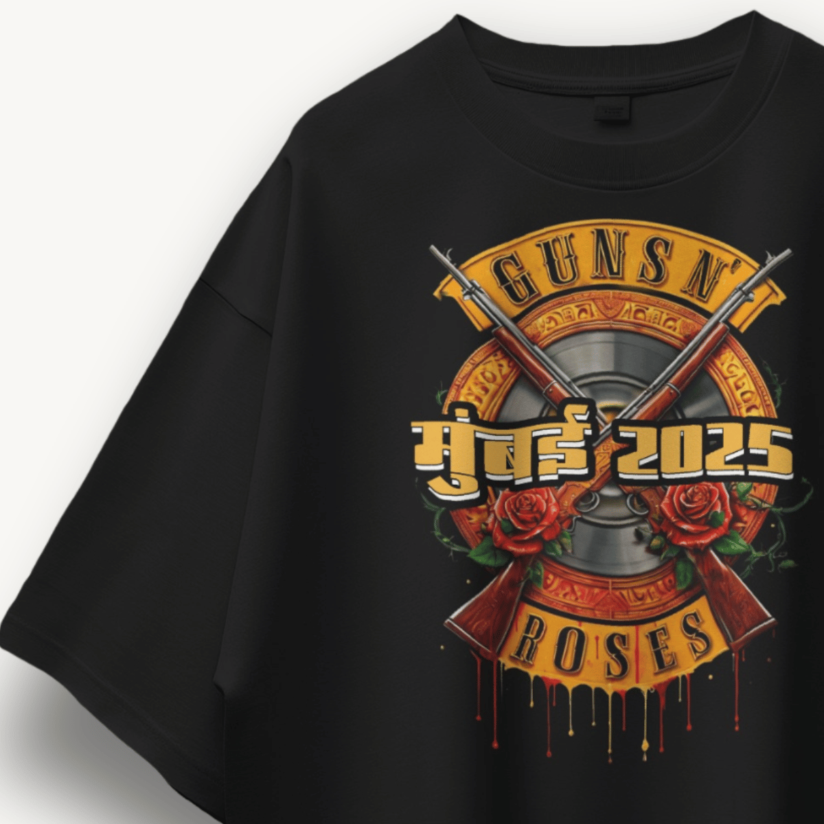 Guns N' Roses Mumbai '25 Logo Black Oversized Tee - The Noise Culture