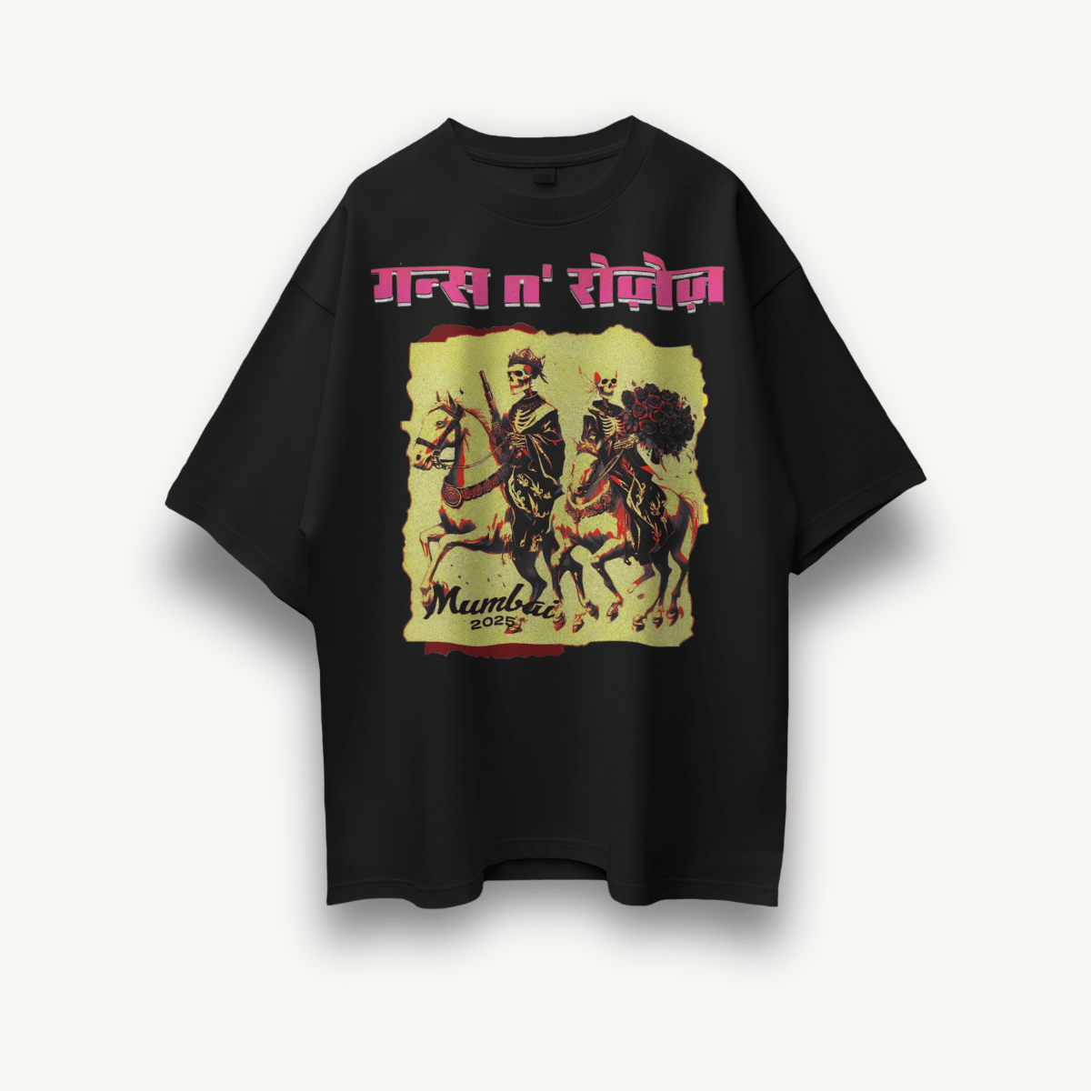 Guns N' Roses Mumbai '25 Skull Black Oversized Tee - The Noise Culture