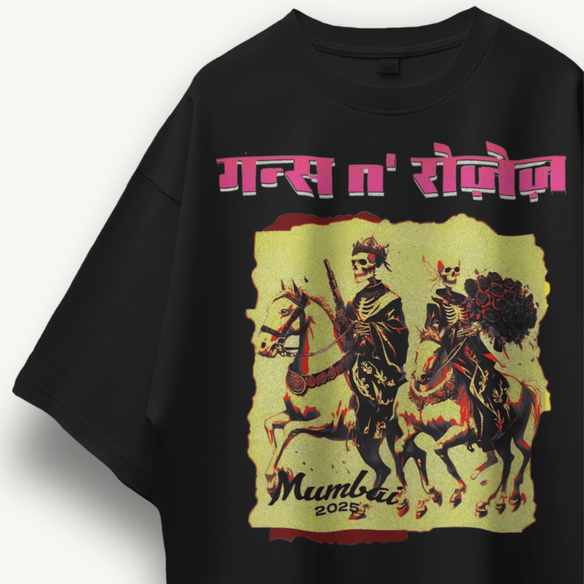 Guns N' Roses Mumbai '25 Skull Black Oversized Tee - The Noise Culture