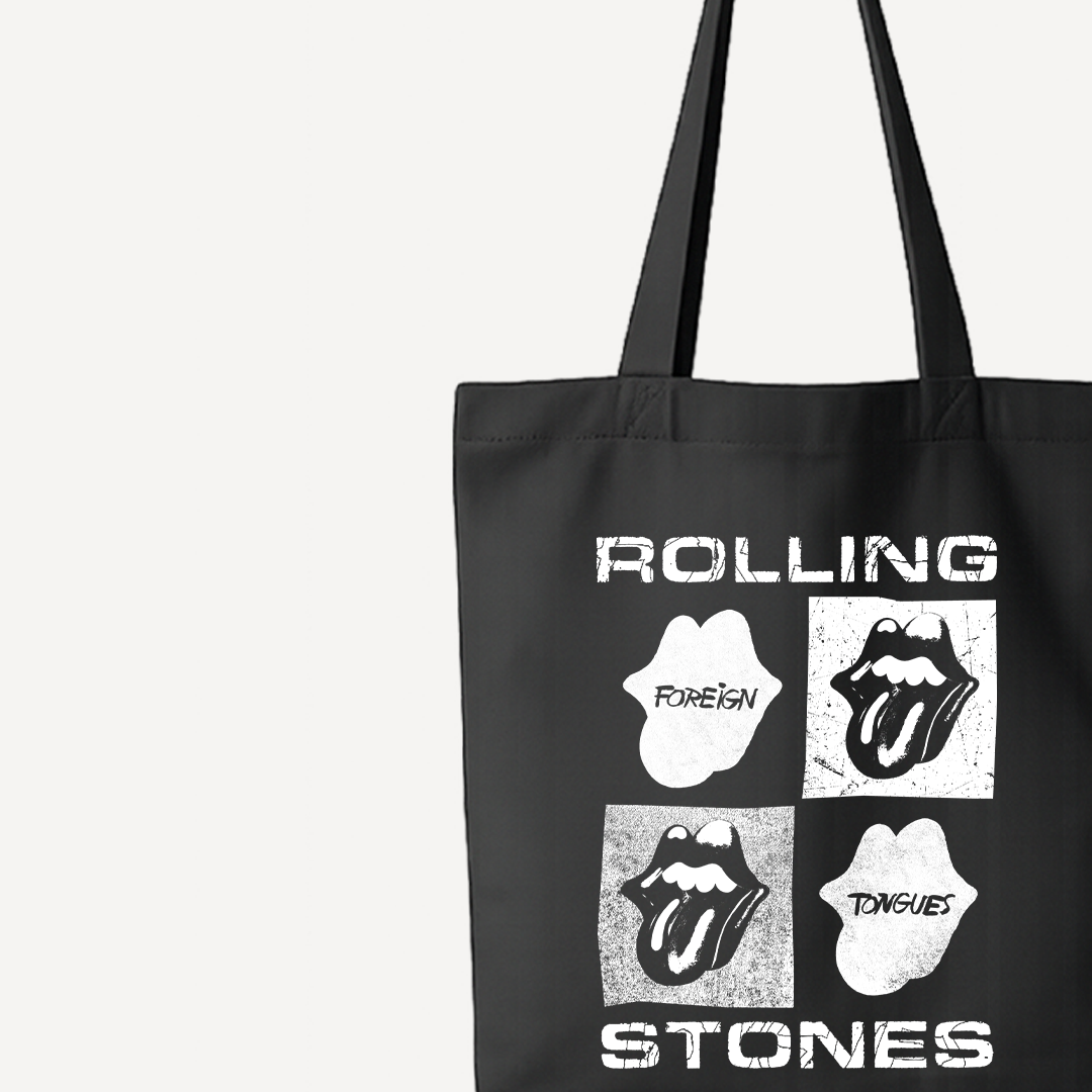 The Rolling Stones Foreign Tongues Quad Tongue Black Tote Bag